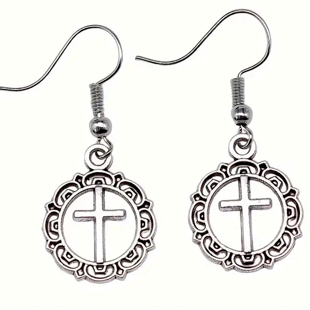Christian Catholic Silver Cross Dangle pierced Earrings First Communion 1” new